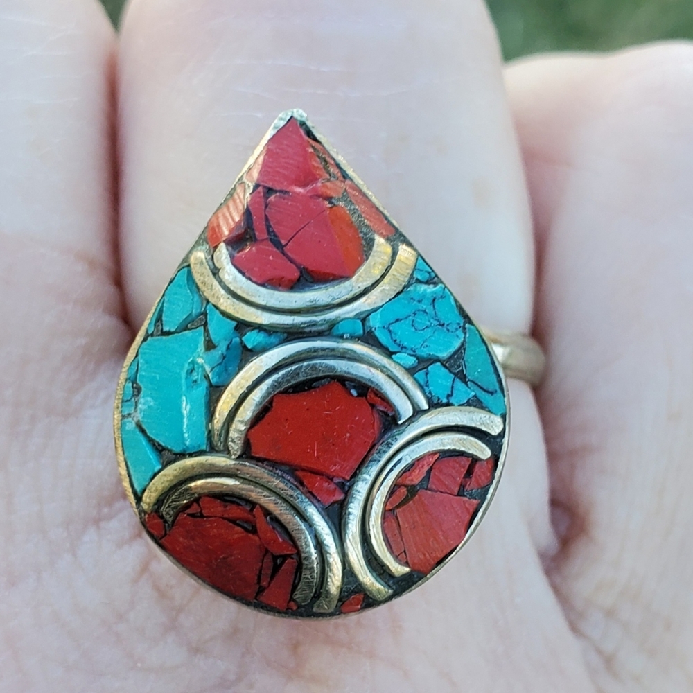 New Coral and Turquoise Adjustable Bronze Ring.
